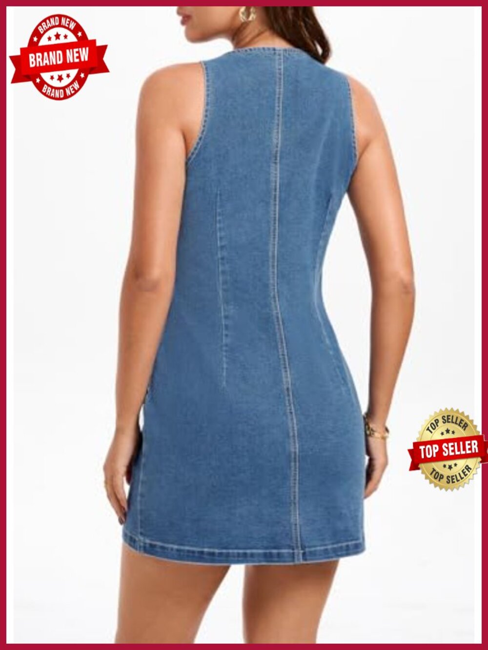 Women's Sleeveless Denim Mini Dress Stretch Button Front Bodycon - Picture 6 of 6